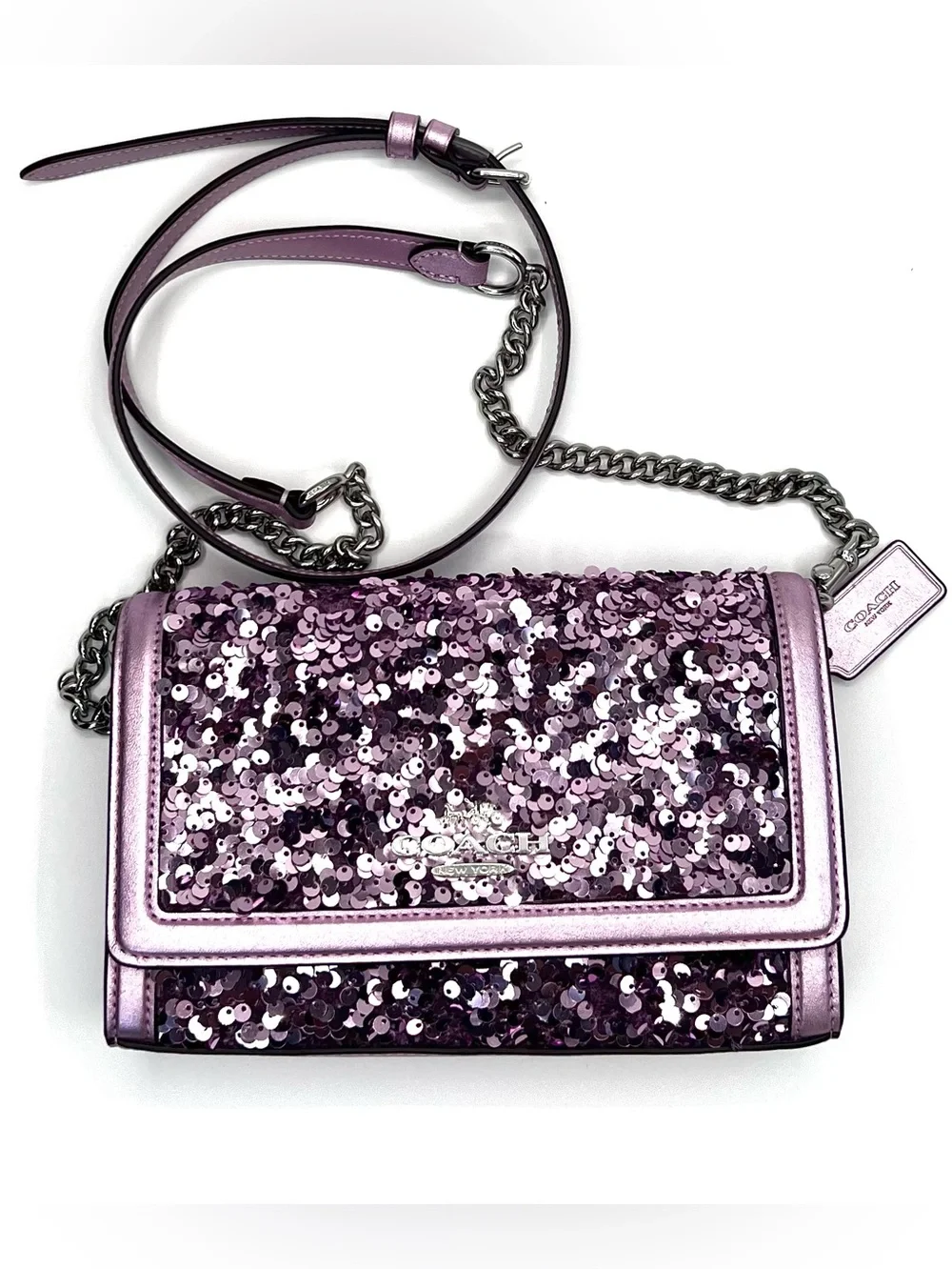 Coach Flap Clutch Crossbody Bag in Lilac Metallic Leather & Sequins